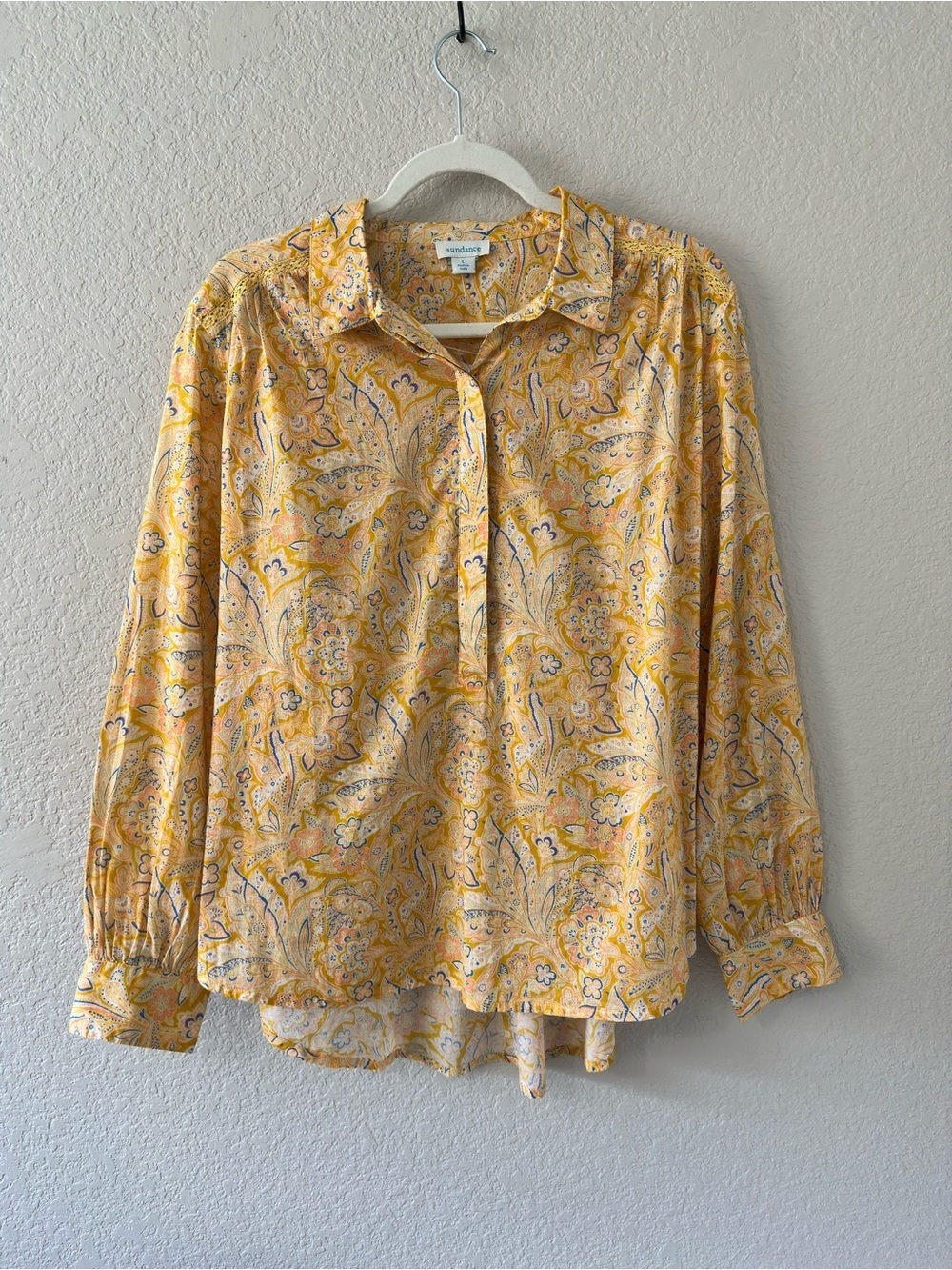 sundance yellow paisley long sleeve poplin pullover blouse